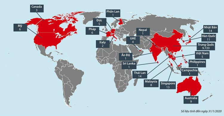 Các nước có bệnh nhân viêm phổi Vũ Hán
