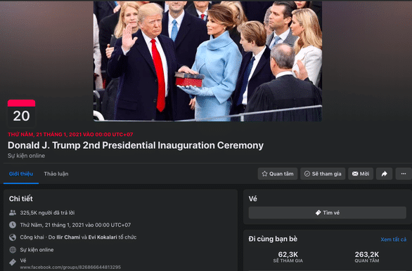 Trang facebook sự kiện trực tuyến lễ nhậm chức nhiệm kỳ 2 của tổng thống Trump